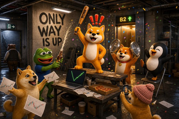 A vibrant AI-generated scene featuring Pepe the Frog, Shiba Inu dogs, and a penguin celebrating with confetti, a champagne bottle, and charts showing 'ONLY WAY IS UP' in what looks like a parking garage.