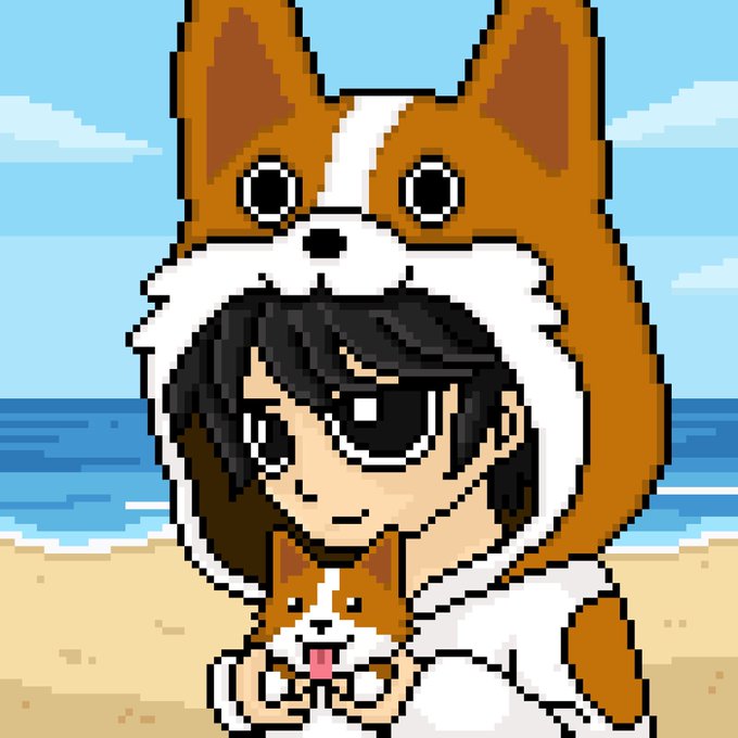 A pixel art illustration of a dark-haired character wearing a brown and white fox hooded outfit, holding a small fox plushie on a beach.