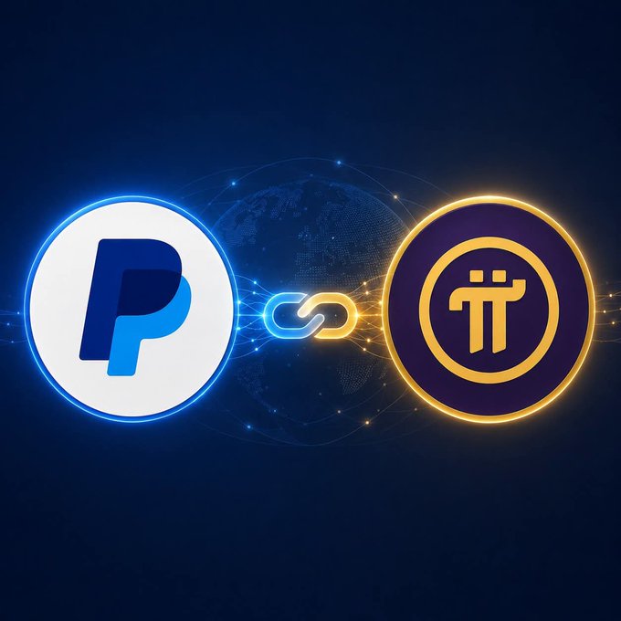 A digital graphic displays the PayPal logo linked by a chain icon to the Pi Network (π) logo against a dark blue background with a globe.
