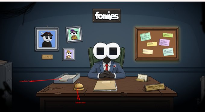An illustrated scene shows a character with large square eyes in a suit sitting at a desk labeled 'INTAKE OFFICER' with a 'STAFF' photo and 'fomies' logo visible, while red annotations point to a 'complete' document and 'Submit Info' bell.