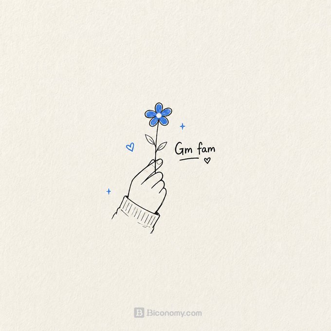 The image shows a simple line drawing of a hand holding a small blue flower, accompanied by the handwritten text "Gm fam" with a heart, along with small blue sparkles and the number "13," which corresponds to the uplifting "GM fam" message wishing the crypto community a calm and positive day while promoting #BiconomyCom and #Web3.