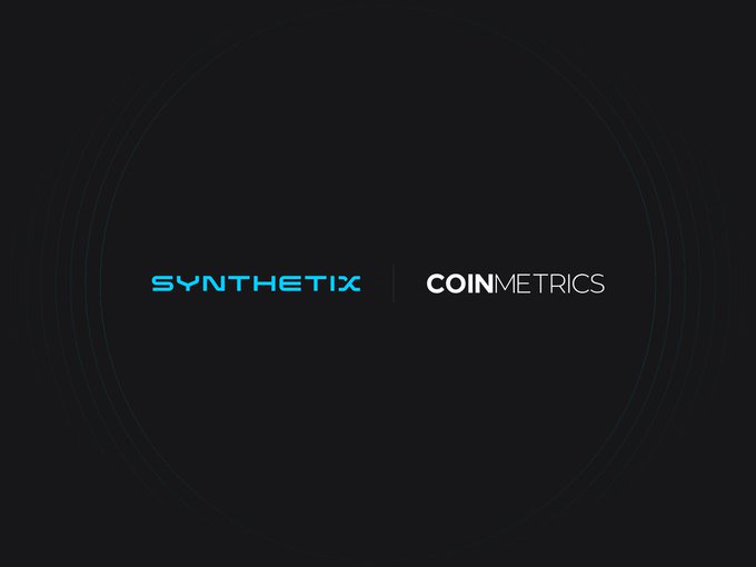The image features a logo for a company called Synthetix that specializes in synthetic intelligence (AI) technology. The logo consists of two circles, one blue and one white, with the words "Synthetix" written above each circle. Below this logo is the text "Coinmetrics", which indicates that the company has been working with CoinMetrics as their institutional data provider for a while.