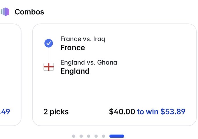 The image shows a screenshot of a shopping app that includes information about a combo match between England, Ghana, and France. It displays the two picks for the game - England vs. Ghana and France vs. Iraq. The text suggests there are only 40,00 dollars to win these combinations as part of a game called @Polymarket. The post shows how these combinations were compared on the app against other matches, indicating that the current match is not favorable due to their poor performance relative to other combos.