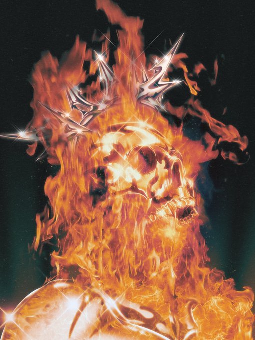 A dramatic digital artwork shows a flaming skull engulfed in bright orange and yellow fire, wearing a metallic spiked crown against a dark background.