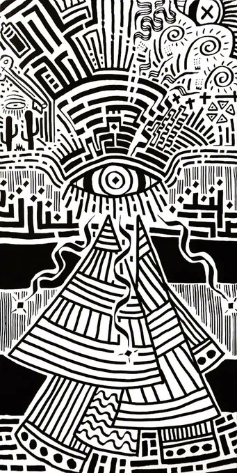 A high-contrast black and white surreal illustration of a pyramid with stairs and pathways leading to a large, stylized eye in the center.