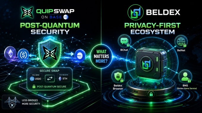 A promotional graphic comparing QUIPSWAP on Base, highlighting post-quantum security for swapping USDC to ETH, against BELDEX's privacy-first ecosystem featuring BChat, BelNet, Beldex Browser, and BNS.