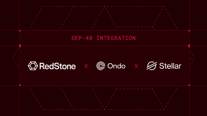 A dark red graphic displaying 'SEP-40 INTEGRATION' with logos for RedStone, Ondo, and Stellar separated by red X marks.