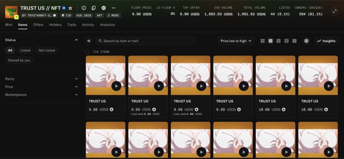 A NFT marketplace interface displays the "TRUST US // NFT" collection with a floor price of 9.90 USD, total volume of 1,668.93 USD, and 564 owned items, showing multiple listings priced at 9.90 USDC. The "Minted my allocation. Looks promising." caption corresponds to the Mint tab being active in the top navigation, indicating the user recently acquired their allotment of these NFTs.