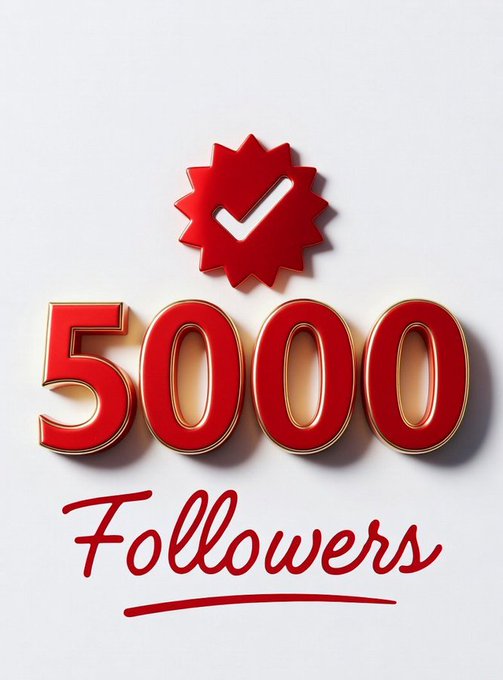 A 3D graphic celebrating '5000 Followers' in bold red and gold text, accompanied by a red checkmark badge.