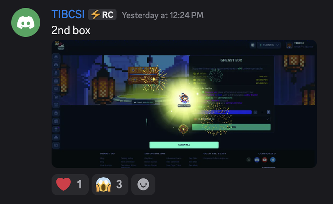 A Discord screenshot from user TIBCSI showing gameplay from a 2D pixel art game with text '6'EAST BOX' and a 'CLAIM ALL' button visible.