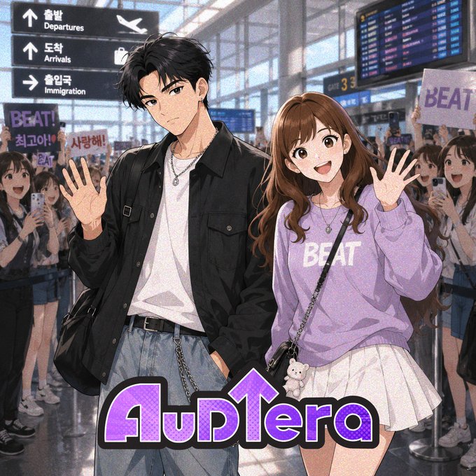 Two anime-style characters wave to cheering fans holding "BEAT!" signs at an airport featuring "Departures," "Arrivals," and "Immigration" signage, with "AudTera" displayed prominently at the bottom, illustrating the K-pop idols' arrival at a new destination to greet their supporters.