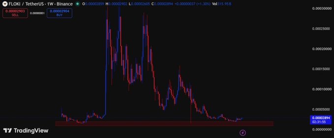 A TradingView candlestick chart showing the FLOKI / TetherUS price action on Binance, displaying a massive spike followed by a significant decline.