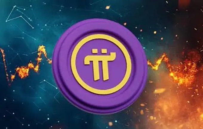 A 3D-rendered purple Pi Network (π) cryptocurrency coin floating against a cosmic background of stars, constellations, and fiery orange nebula-like wisps.
