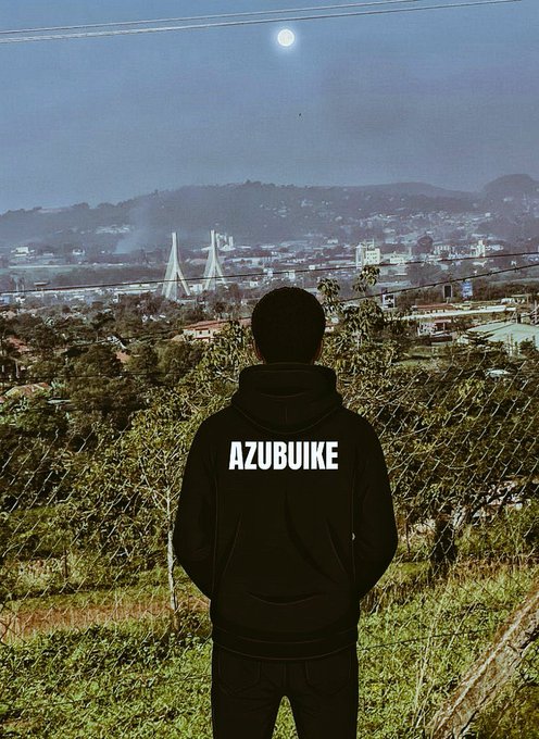 A person wearing a black hoodie with "AZUBUIKE" printed on the back stands overlooking a cityscape with a prominent cable-stayed bridge and a full moon in the twilight sky, visually echoing the post's reflection on mindful stewardship and building for the future.