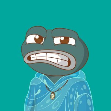 The image features a cartoon frog with a blue hoodie and a necklace around its neck, giving it a unique appearance. The frog has a serious expression on its face, as if it's contemplating something or expressing frustration. The background of the image is a solid teal color that contrasts with the frog's blue elements, making it stand out even more. There are no texts present in the image, and the focus is solely on the cartoon frog and its surroundings.