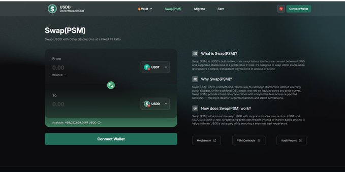 A screenshot of the USDD Swap (PSM) interface showing a 1:1 stablecoin swap function with 488,257,699.2467 USDD available, illustrating the DeFi slippage cost point by demonstrating a swap where price impact could quietly erode capital despite the apparent 1:1 rate.