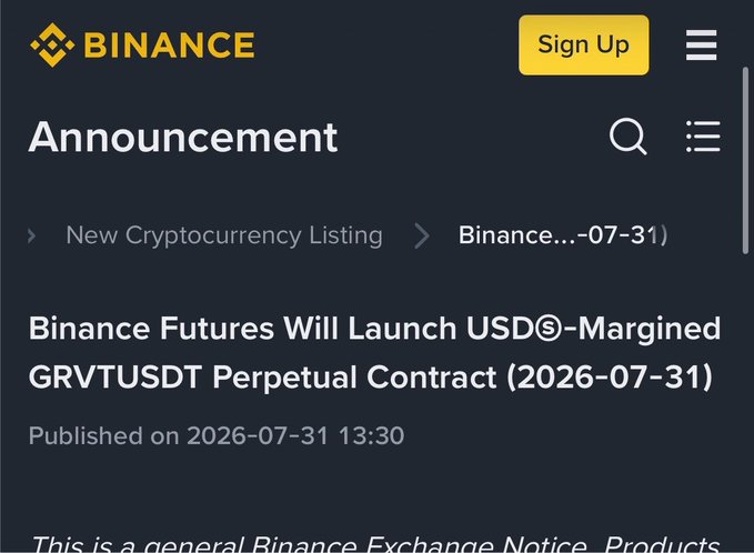 A Binance announcement page displays news that "Binance Futures Will Launch USDⓈ-Margined GRVTUSDT Perpetual Contract (2026-07-31)," confirming the addition of $GRVT perpetual futures as referenced in the accompanying post about Binance's expansion beyond spot trading into leveraged derivatives for the token.