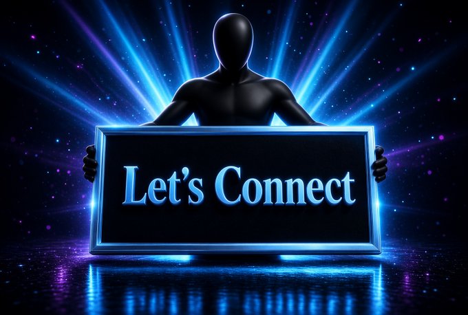 A dark humanoid figure holds up a glowing blue rectangular sign that reads 'Let's Connect' against a vibrant, cosmic blue background with radiating light beams.