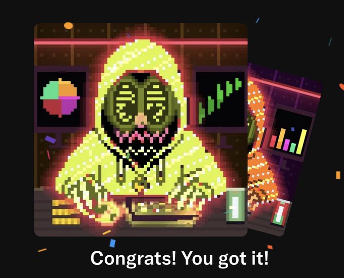 A pixel-art victory screen shows a yellow-hooded figure with glowing green eyes at a computer terminal, accompanied by the white text 'Congrats! You got it!' at the bottom.