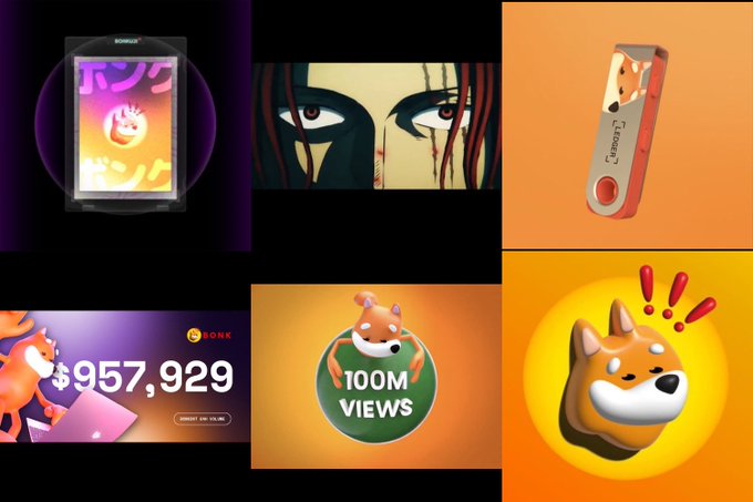 A collage of meme/internet culture images including an anime-style card with Japanese text, an anime character's intense eyes, a USB drive labeled 'Cousin', a counter showing '$957,929', a dog mascot with '100M VIEWS', and a Shiba Inu dog emoji with exclamation marks.