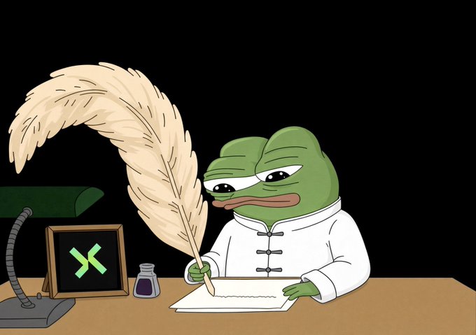 An illustration of a sad Pepe the Frog dressed in a white traditional Chinese garment, sitting at a desk holding a large quill pen, writing on parchment next to an ink bottle and a framed symbol.
