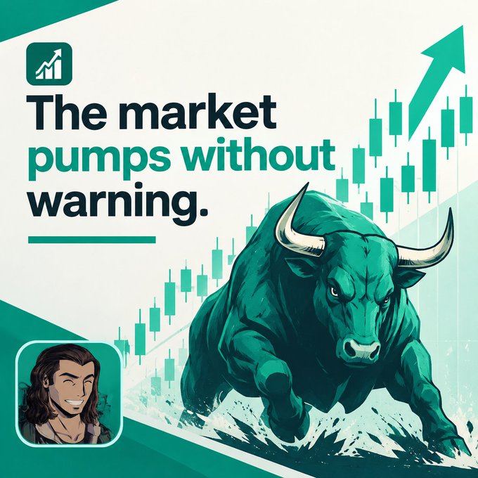A green-themed financial graphic with a charging bull, rising candlestick chart, and text 'The market pumps without warning,' featuring a small illustrated avatar in the corner.