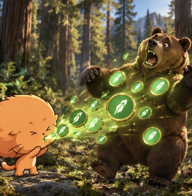 A digital artwork depicting an orange cartoon cat blowing a stream of green feather/quill icons (resembling Filecoin tokens) toward a roaring brown bear in a forest setting.
