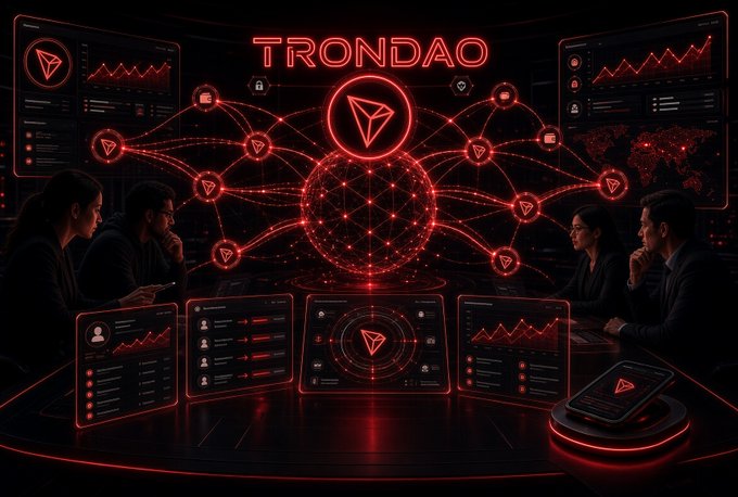 A futuristic TronDAO themed digital illustration showing people working at computer terminals with red glowing network visualizations and the TRON logo.