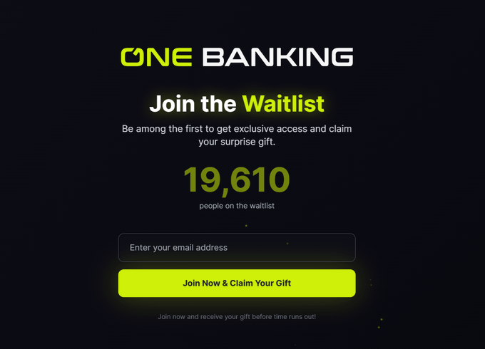 The image shows a bank signup page for One Banking, which has a black background with yellow text that reads "join the waitlist" and "19k+ people are waiting for a bank that actually makes sense." The website also provides information about joining the waitlist and raising funds through an AI coach.