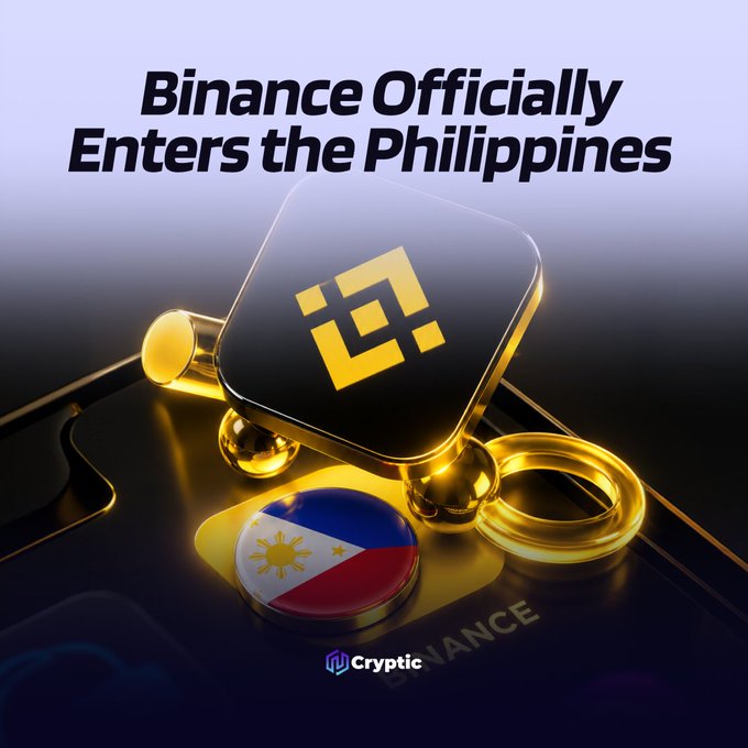 A 3D-rendered Binance logo emblem rests above a Philippine flag emblem, paired with the bold headline "Binance Officially Enters the Philippines," visually representing the exchange's regulatory approval and launch of operations in the country through the StratBox program.
