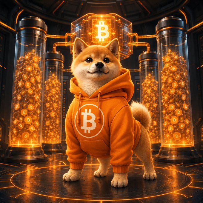 A Shiba Inu dog wearing an orange Bitcoin-branded hoodie stands in a futuristic chamber with glowing orange cylinders filled with Bitcoin tokens.