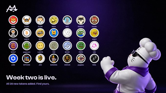 A 'Week two is live' promotional image for a token listing platform displays 28 cryptocurrency tokens including SHIB, FLOKI, PEPE, DOGE, and BONK, alongside a 3D-rendered white chef character.
