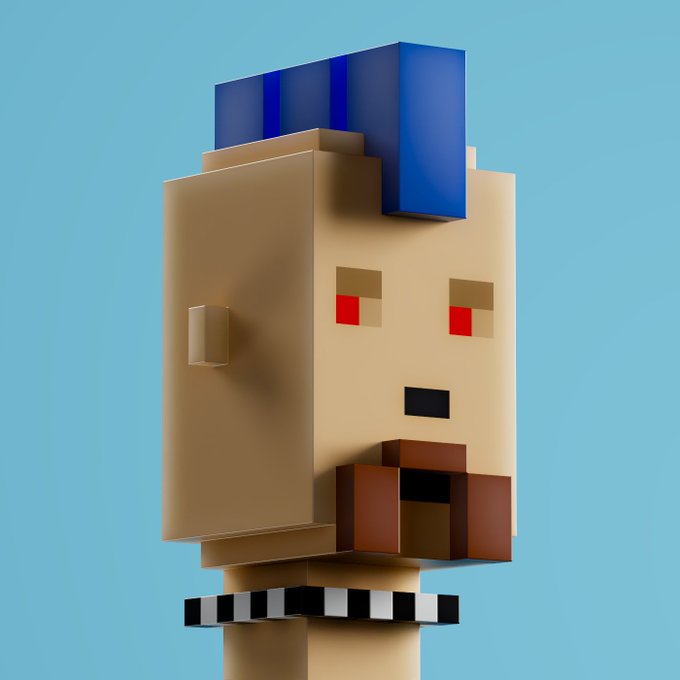 A 3D blocky, voxel-style character with blue hair, red eyes, and a beard against a teal background.