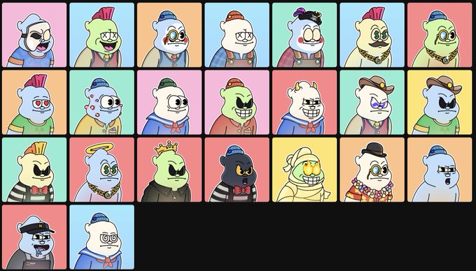 A grid of cartoon character portraits featuring various stylized bears with different hats, hairstyles, and expressions in different colored squares.