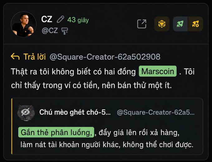 A screenshot of a tweet reply from CZ (@CZ) discussing Marscoin, stating in Vietnamese that he didn't know there were two versions and only tried buying some because it had money, with an embedded quoted tweet about salary scams and account corruption.