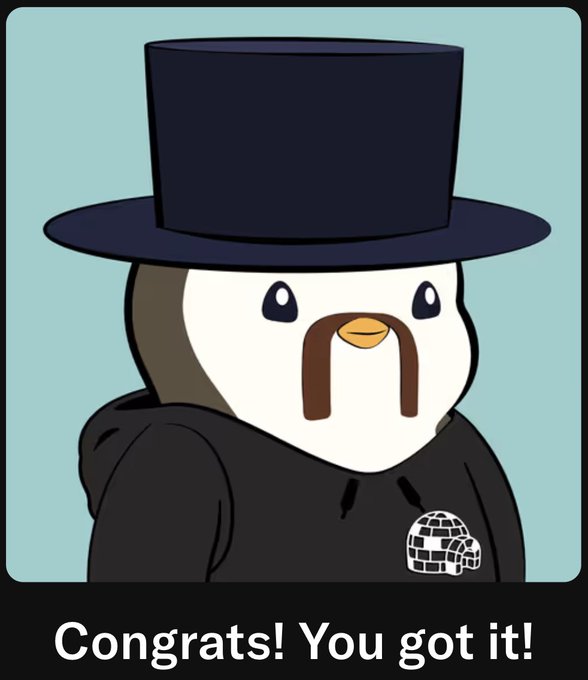 The image features a cartoon penguin wearing a top hat, which appears to be a black top hat with a white feather at the end of it. The penguin has a mustache and is dressed in a black hoodie or sweater. The background of the image is blue, providing a contrast to the penguin's attire. In the bottom right corner of the image, there is text that reads "Congratulations! You got it!". This suggests that the penguin has achieved something significant, possibly related to the post about grabbing the grails in the comments section.