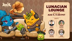 The image is a promotional graphic for a "Lunacian Lounge" event on August 11 at 11 AM PHT, featuring cartoon characters from Axie Infinity's Lunacia (Axie, Plant, Beast, and Aqua) seated around a table with appetizers. It ties to the post by inviting players to join the upcoming community stream to learn about the Terrariums V1.2 update, with the speakers panel visible for the scheduled session.