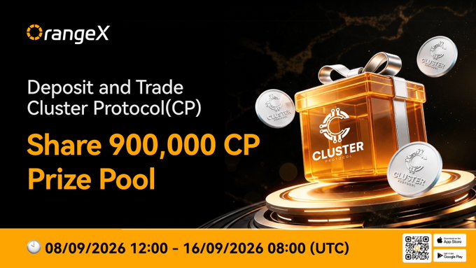 A promotional graphic for 'rangeX' announcing a 'Deposit and Trade Cluster Protocol(CP)' event with a 'Share 900,000 CP Prize Pool', running from '08/09/2026 12:00 - 16/09/2026 08:00 (UTC)', featuring an orange gift box labeled 'CLUSTER PROTOCOL' and crypto-themed coins.