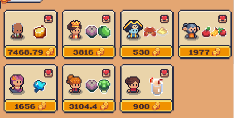 Pixel art shop interface displaying various items for sale including characters, gems, food items, and a drink with prices ranging from 530 to 7466.79 coins.