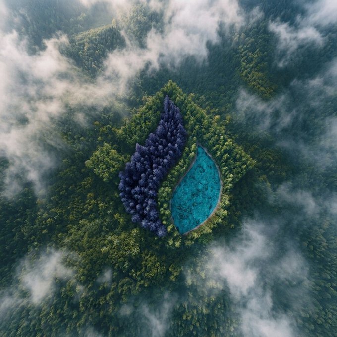 An aerial view of a misty forest reveals a hidden clearing where a patch of purple-hued trees sits beside a turquoise alpine lake. The serene, untouched natural scene visually contrasts with the post's message about stepping away from screens and returning eager to "buy the dip" in the markets.