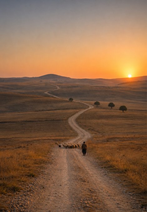 A shepherd walking with a flock of sheep along a dirt road winding through rolling hills at sunset.