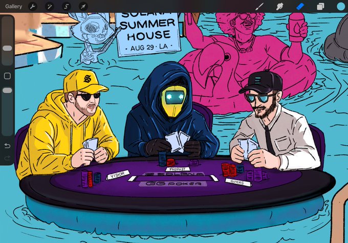A colorful digital illustration shows three characters playing poker at an 'Arizona Poker' table, with a 'STREAM SUMMER HOUSE AUG 29 LA' sign and a hot tub scene in the background.