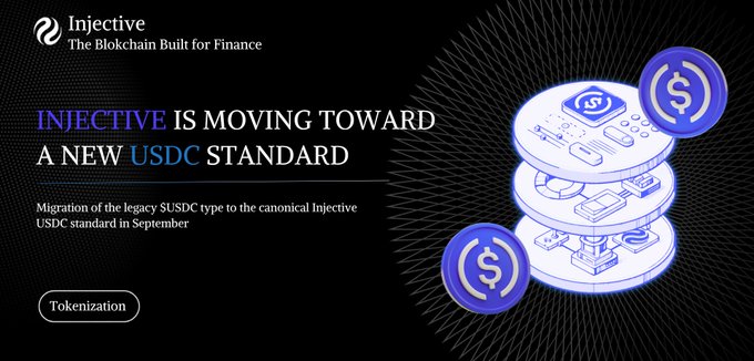 An Injective blockchain announcement stating 'INJECTIVE IS MOVING TOWARD A NEW USDC STANDARD' with text about migration of legacy $USDC type to canonical Injective USDC standard in September.