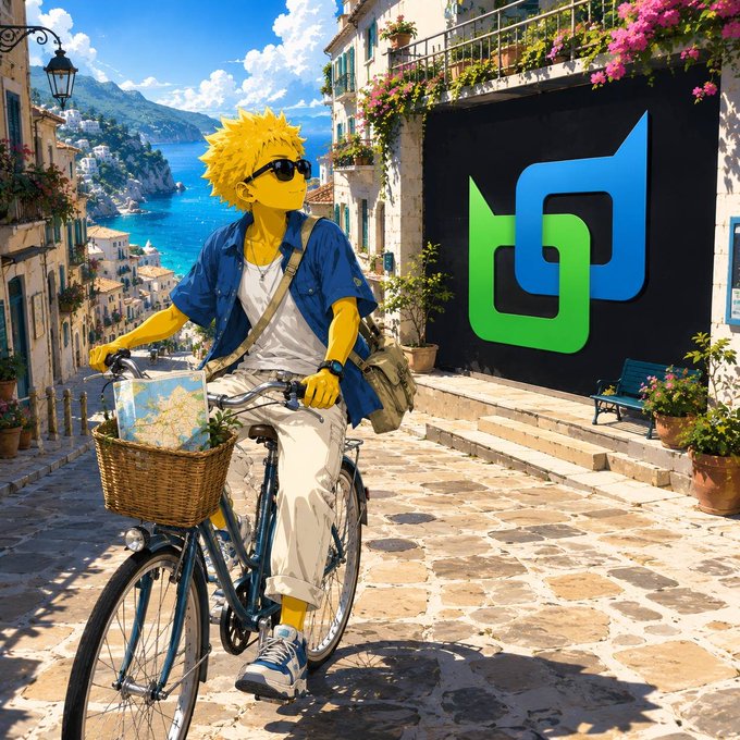 An anime-style digital illustration of a blonde character with sunglasses riding a bicycle with a basket in a Mediterranean-style coastal town, with a large blue and green logo overlaid on the right side.
