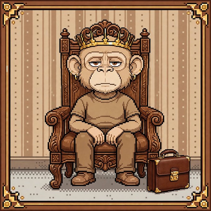 A pixel art illustration of a bored-looking monkey wearing a gold crown, sitting on an ornate wooden throne next to a leather briefcase.