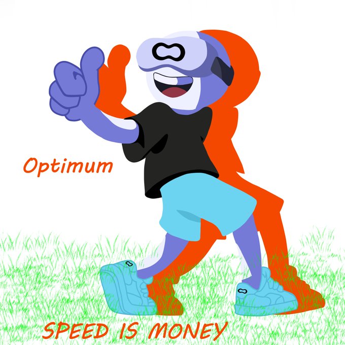 An illustration of a purple character wearing a VR headset, black shirt, and blue shorts, giving a thumbs-up while walking on green grass, with the text 'Optimum' and 'SPEED IS MONEY' in red.