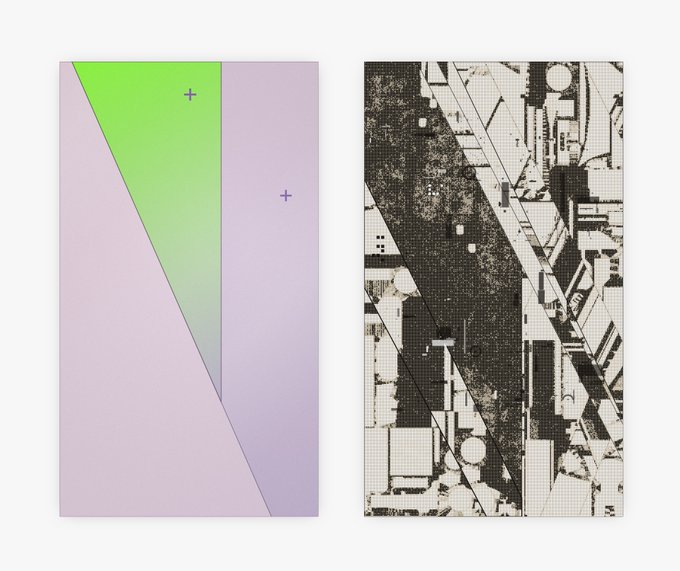 Two vertical panels displayed side by side: the left features a purple and green geometric design with plus signs, while the right shows a black and white architectural aerial view.
