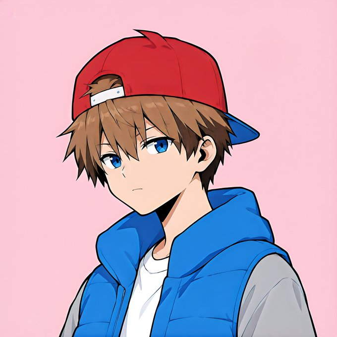 An anime-style illustration of a young boy with brown hair and blue eyes wearing a backwards red cap and a blue puffer vest over a white shirt.