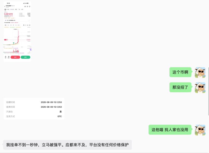 A Chinese-language chat conversation regarding a cryptocurrency/stock trade on a platform, with messages reading "这个币啊" (This coin), "那没招了" (Then there's no way), "这他喵 找人家也没用" (This damn thing, no use looking for anyone), and "我挂单不到一秒钟，立马被强平。应变都来不及，平台没有任何价格保护" (My pending order was forcibly liquidated in less than a second. I couldn't react, the platform has no price protection).