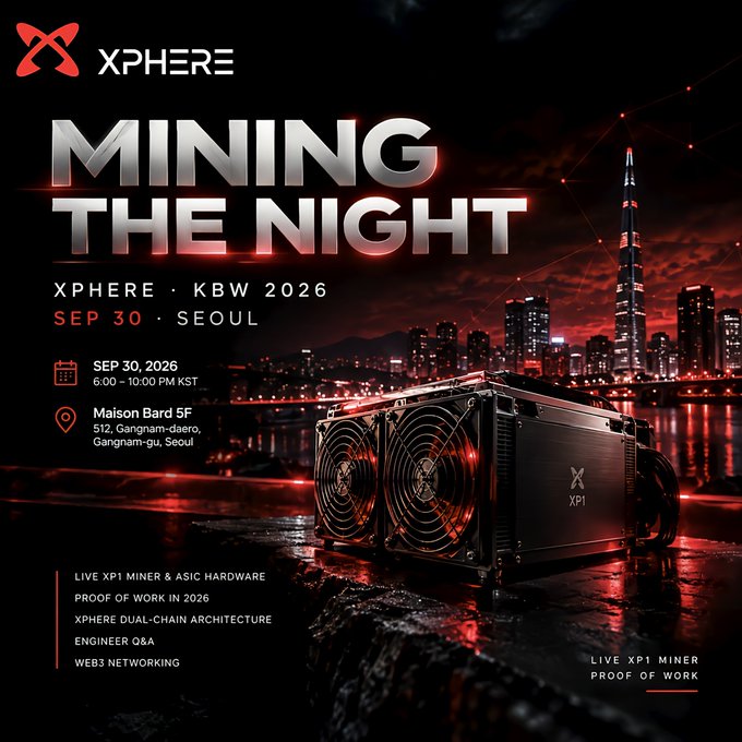A promotional poster for 'MINING THE NIGHT' by Xphere at KBW 2026 on September 30 in Seoul, featuring a crypto mining rig against a red-lit Seoul cityscape with the Lotte Tower visible.